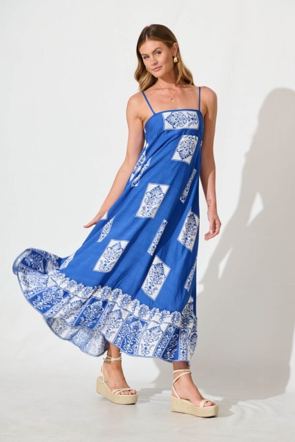Midi Sundress in Blue with White Print