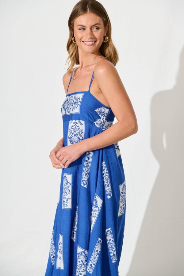 Midi Sundress in Blue with White Print