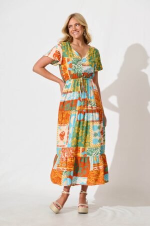 Midi Dress in Multi Orange Print