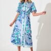 Maxi Shirt Dress In Aqua with Blue Print Satin