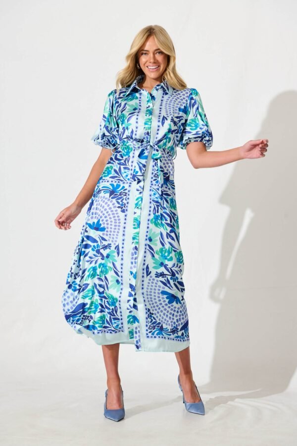 Maxi Shirt Dress In Aqua with Blue Print Satin