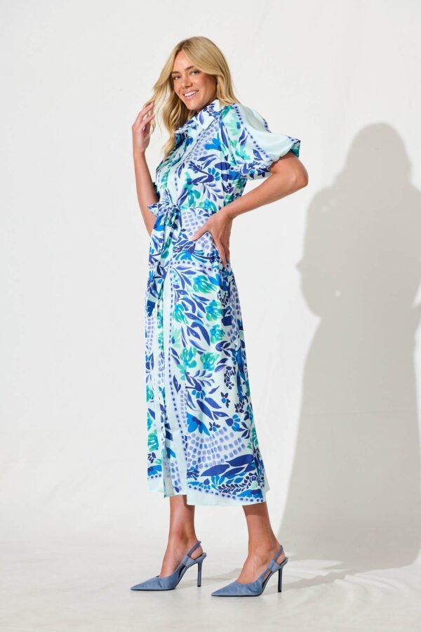 Maxi Shirt Dress In Aqua with Blue Print Satin