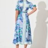 Maxi Shirt Dress In Aqua with Blue Print Satin