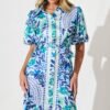 Maxi Shirt Dress In Aqua with Blue Print Satin