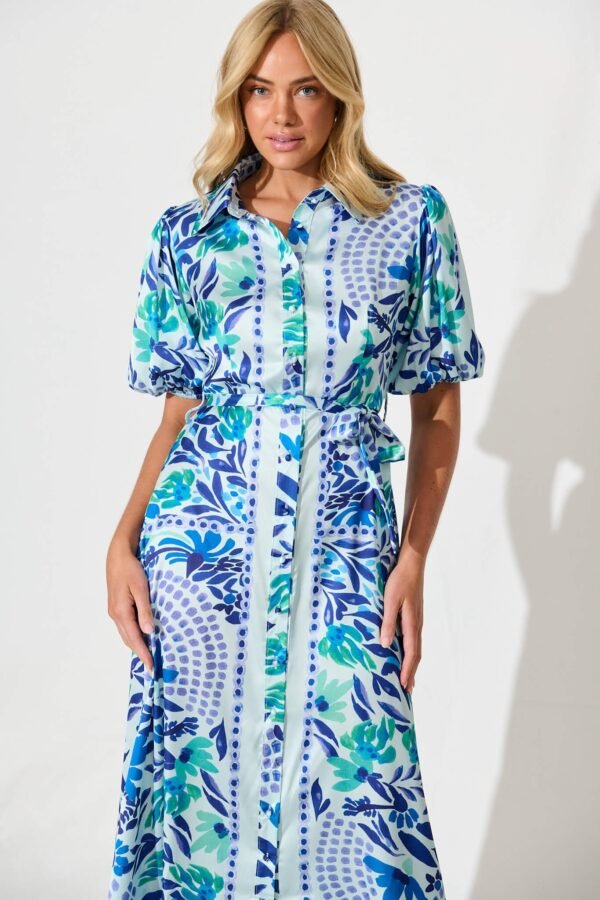 Maxi Shirt Dress In Aqua with Blue Print Satin
