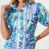 Maxi Shirt Dress In Aqua with Blue Print Satin