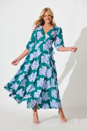 241112_StFrock_Phoebe_LOLE9953-9-STF-DK-GRN-BLU_0521.jpg Maxi Wrap Dress In Emerald With Blue Floral