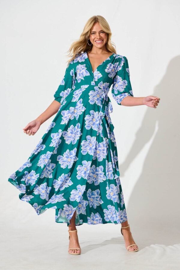 241112_StFrock_Phoebe_LOLE9953-9-STF-DK-GRN-BLU_0521.jpg Maxi Wrap Dress In Emerald With Blue Floral