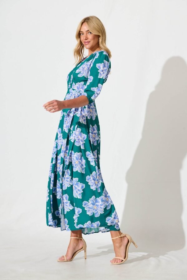 241112_StFrock_Phoebe_LOLE9953-9-STF-DK-GRN-BLU_0525.jpg Maxi Wrap Dress In Emerald With Blue Floral