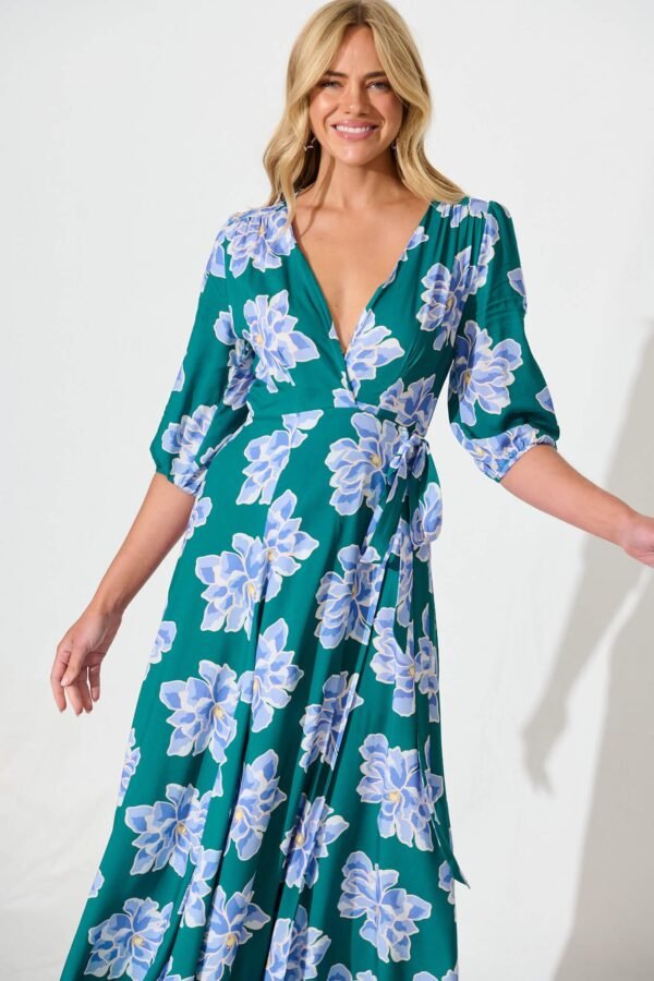 241112_StFrock_Phoebe_LOLE9953-9-STF-DK-GRN-BLU_0537.jpg Maxi Wrap Dress In Emerald With Blue Floral