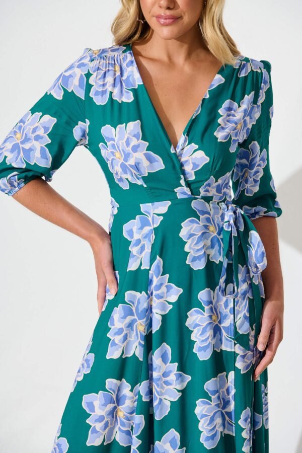241112_StFrock_Phoebe_LOLE9953-9-STF-DK-GRN-BLU_0541.jpg Maxi Wrap Dress In Emerald With Blue Floral