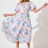Midi Dress in Multi Blue Floral Cotton Blend