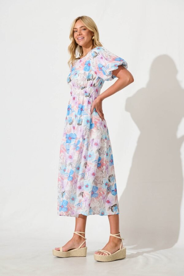 Midi Dress in Multi Blue Floral Cotton Blend