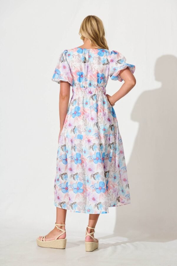 Midi Dress in Multi Blue Floral Cotton Blend