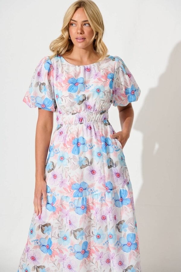 Midi Dress in Multi Blue Floral Cotton Blend