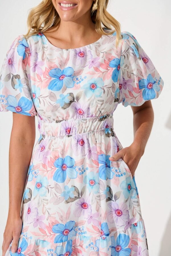 Midi Dress in Multi Blue Floral Cotton Blend
