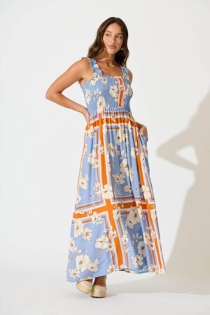 Maxi Dress In Blue with Cream Flower