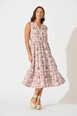 Midi Smock Dress in Blush Patchwork Palm Print