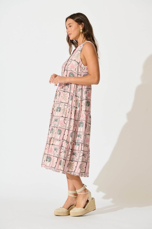 Midi Smock Dress in Blush Patchwork Palm Print