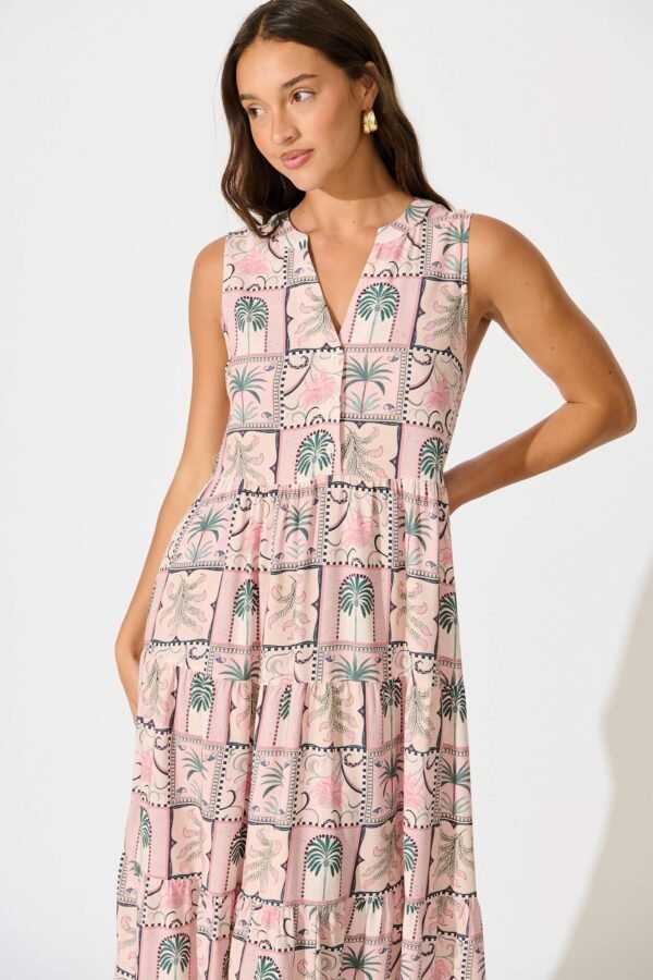 Midi Smock Dress in Blush Patchwork Palm Print