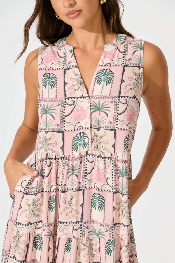 Midi Smock Dress in Blush Patchwork Palm Print