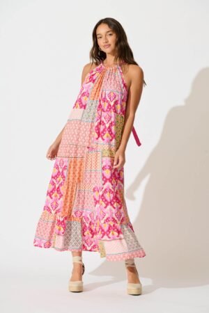 Midi Sundress in Pink Multi Patchwork