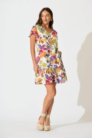 Dress in White with Bright Multi Floral Cotton Blend