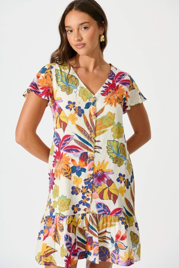 241114_StFrock_Milly_AM_D521592-WHT-MUL_0974.jpg Dress in White with Bright Multi Floral Cotton Blend