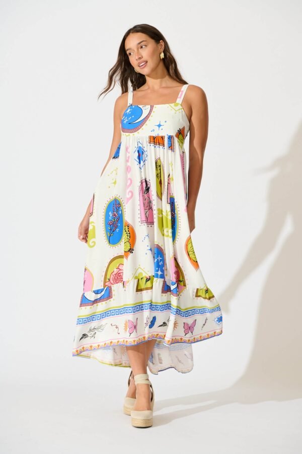 Midi Dress In White With Bright Print