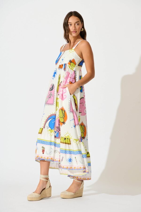 Midi Dress In White With Bright Print