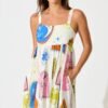 Midi Dress In White With Bright Print