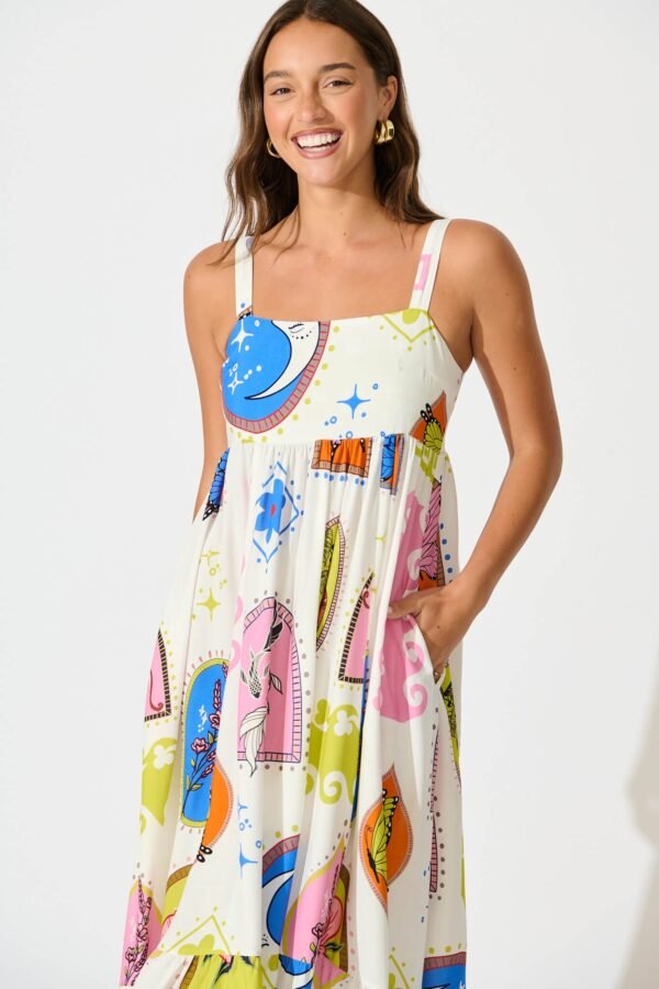 Midi Dress In White With Bright Print