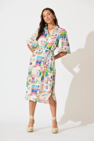 Midi Shirt Dress In White With Bright Resort Print