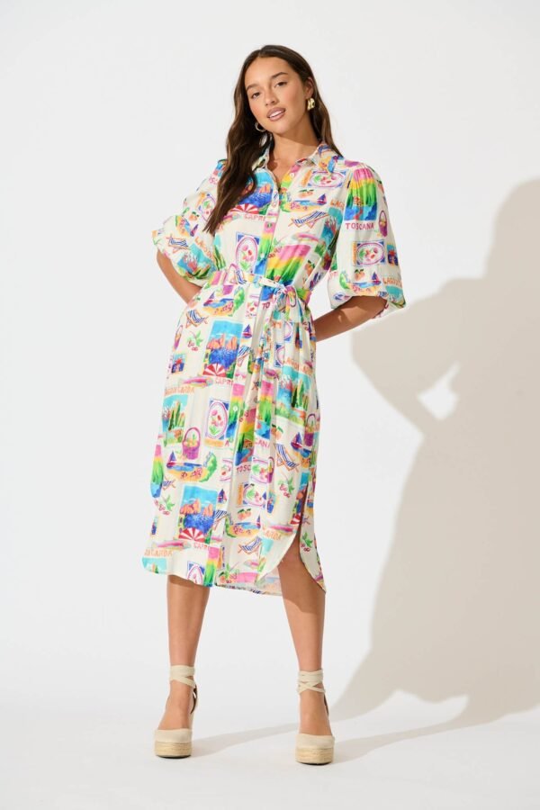 Midi Shirt Dress In White With Bright Resort Print