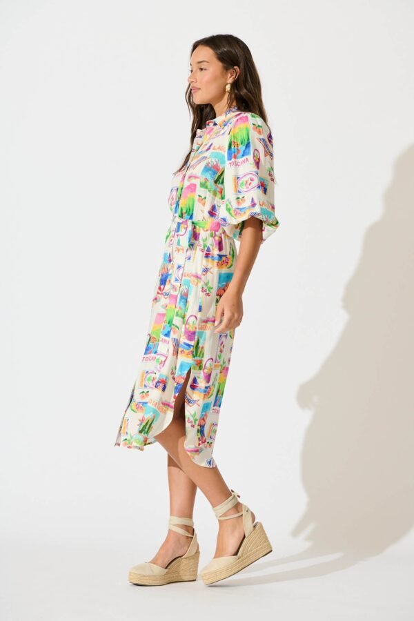Midi Shirt Dress In White With Bright Resort Print