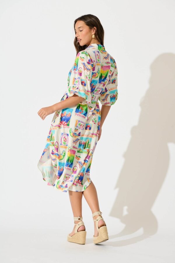 Midi Shirt Dress In White With Bright Resort Print