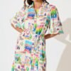 Midi Shirt Dress In White With Bright Resort Print