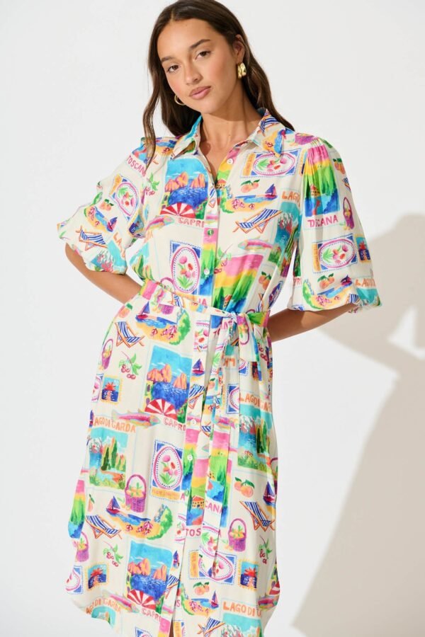 Midi Shirt Dress In White With Bright Resort Print
