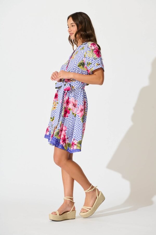 Shirt Dress in Blue with Multi Floral Print