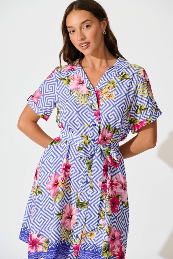 Shirt Dress in Blue with Multi Floral Print