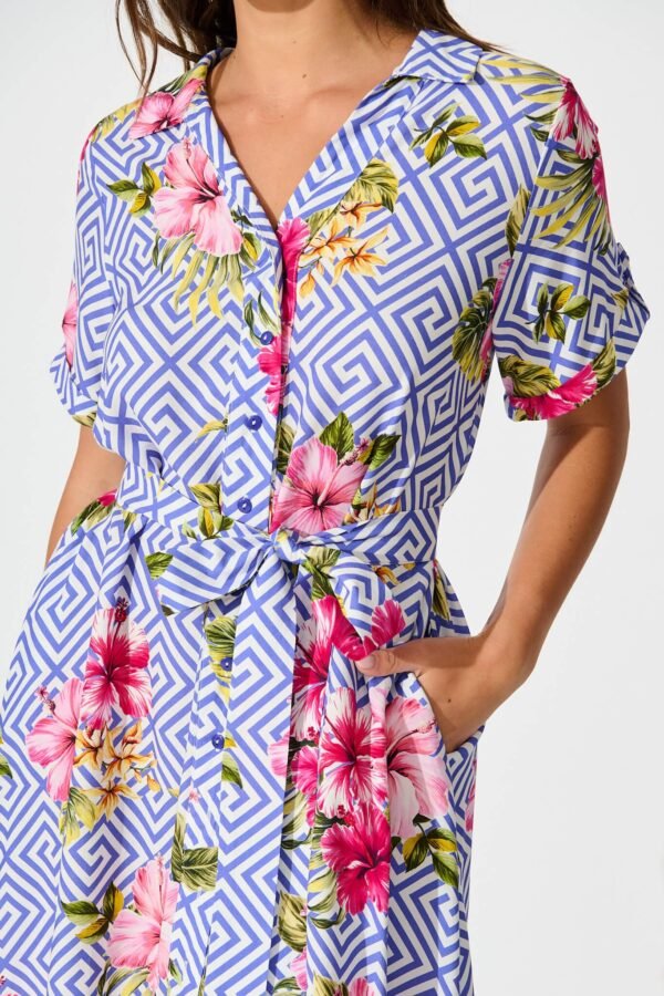 Shirt Dress in Blue with Multi Floral Print
