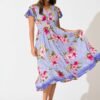 Midi Dress in Blue with Multi Floral Print