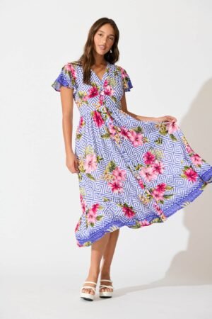 Midi Dress in Blue with Multi Floral Print