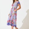 Midi Dress in Blue with Multi Floral Print