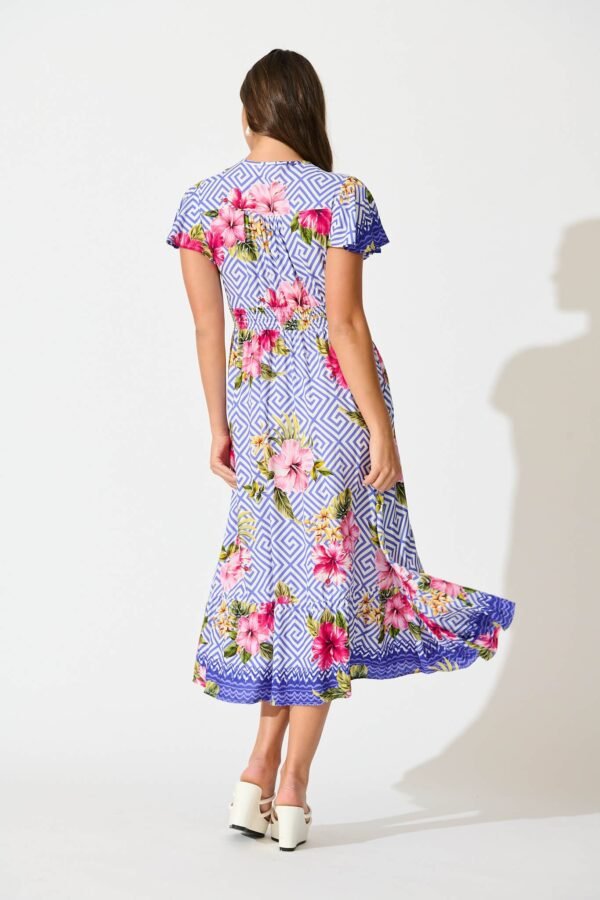 Midi Dress in Blue with Multi Floral Print