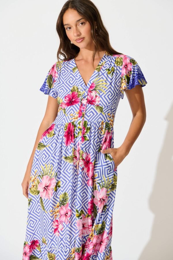 Midi Dress in Blue with Multi Floral Print