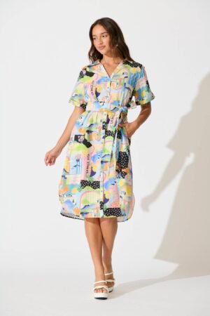 Midi Shirt Dress in Multi Summer Print Cotton
