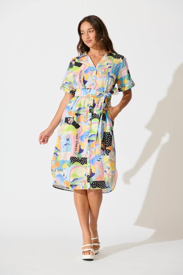 Midi Shirt Dress in Multi Summer Print Cotton