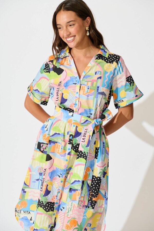 Midi Shirt Dress in Multi Summer Print Cotton