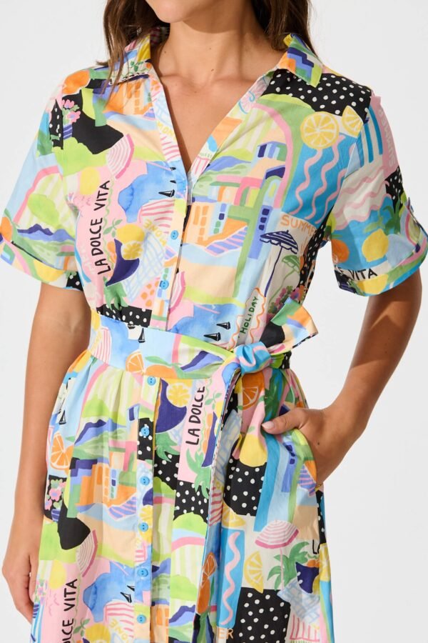 Midi Shirt Dress in Multi Summer Print Cotton
